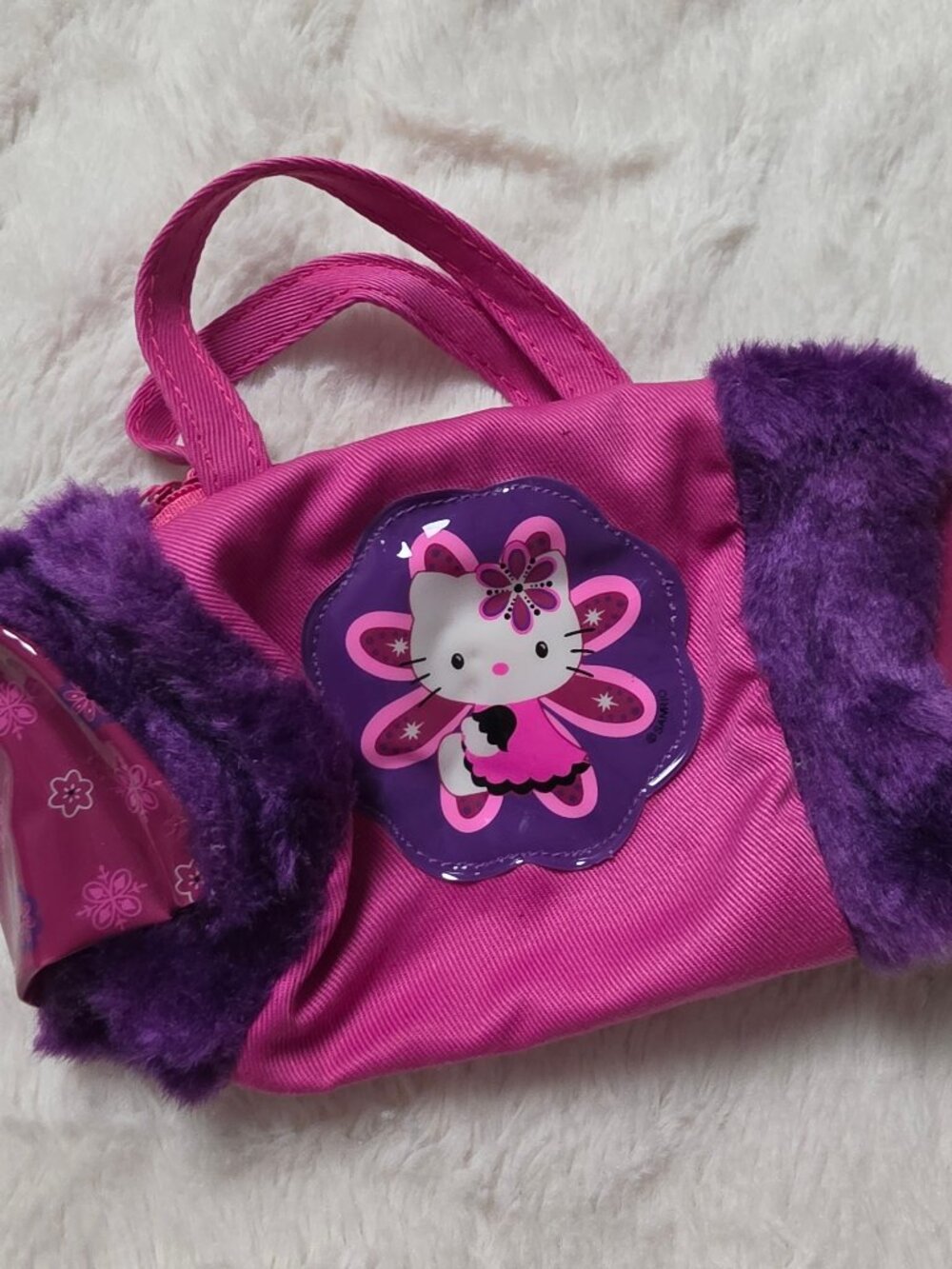 VTG Y2K Sanrio Hello Kitty Mini Barrel Duffel Bag Pink Purple Fur Micro Handbag